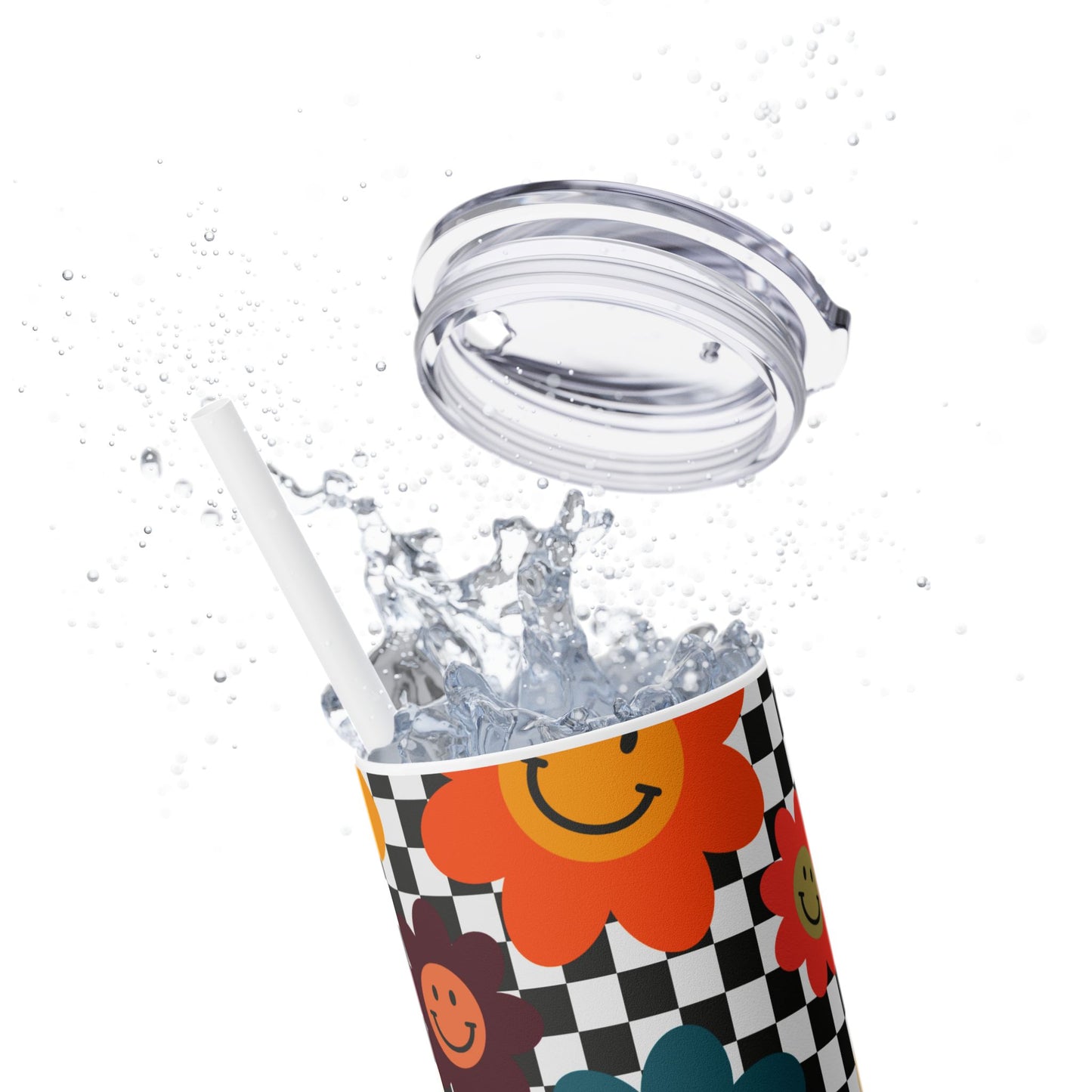 Skinny Tumbler - Floral Smiley Bee Kind Checkered Design