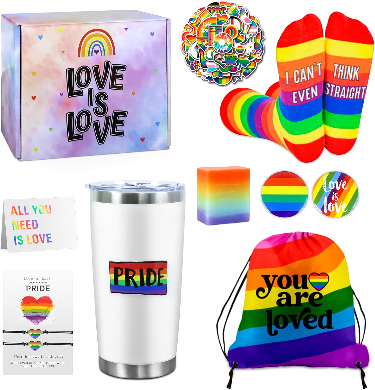 Pride Month Gift Set - Gay Pride Stuff LGBTQ Accessories for Lesbian Gay Bisexual Transgender Queer Friend on Birthday Christmas Anniversary Pride Month, Novelty Socks Stickers Tumbler Pride Gifts