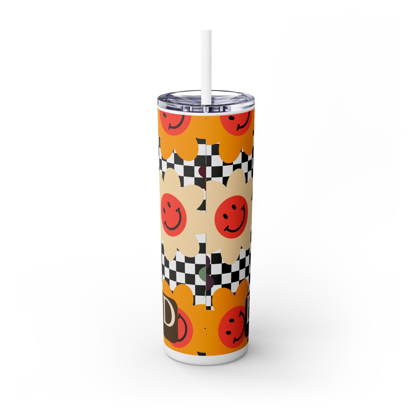 Skinny Tumbler - Floral Smiley Bee Kind Checkered Design