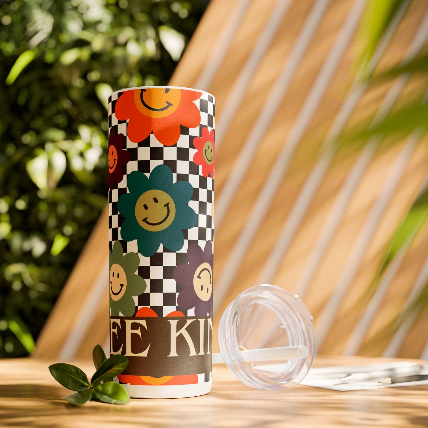 Skinny Tumbler - Floral Smiley Bee Kind Checkered Design