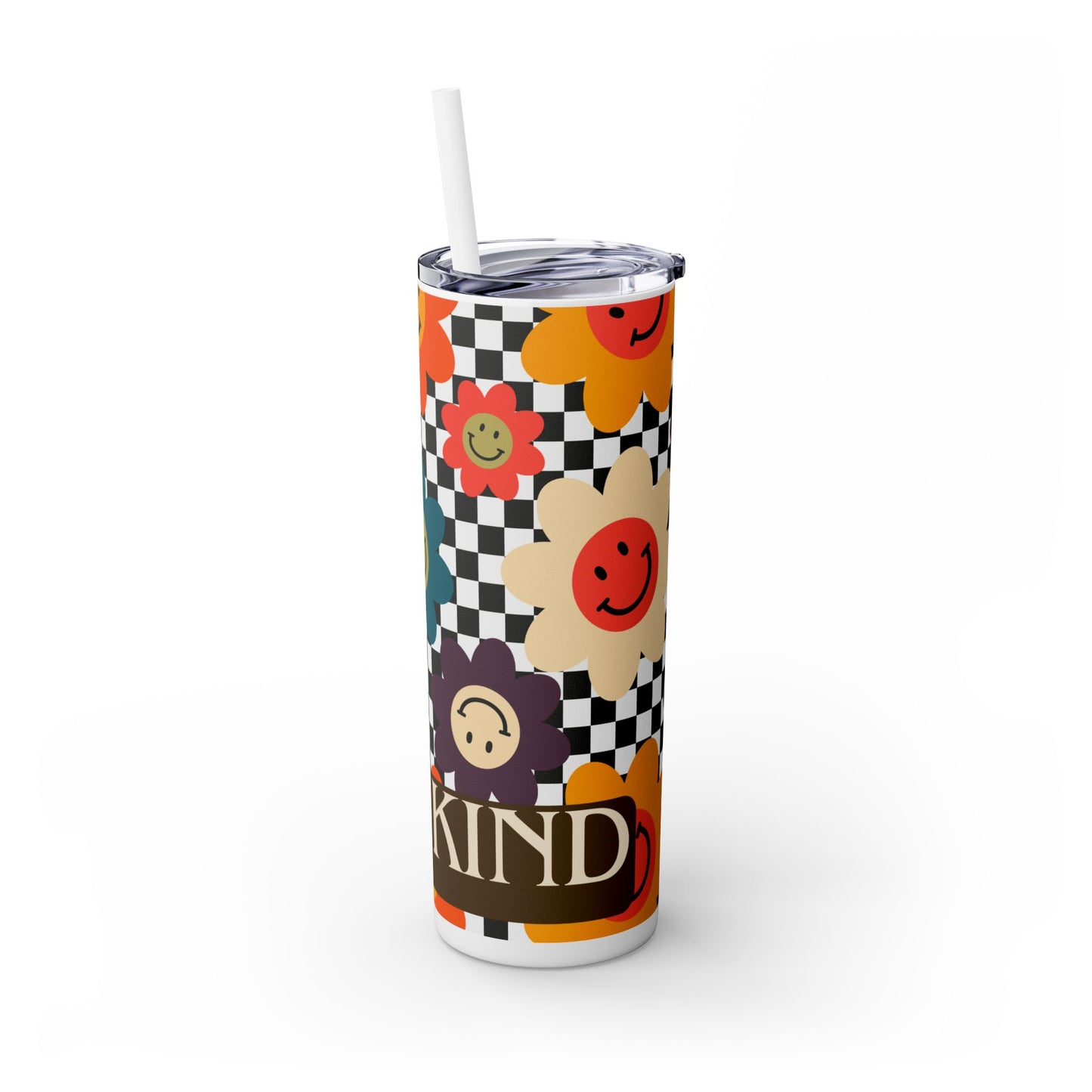 Skinny Tumbler - Floral Smiley Bee Kind Checkered Design