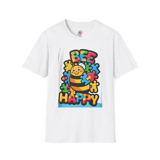 Bee Happy Autism Softstyle T-Shirt - Colorful Puzzle Design
