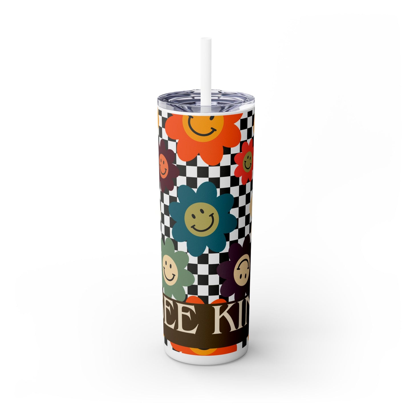 Skinny Tumbler - Floral Smiley Bee Kind Checkered Design