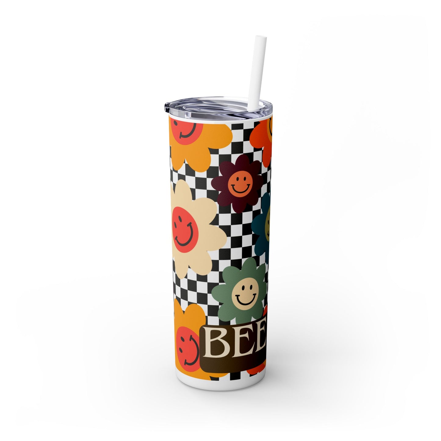 Skinny Tumbler - Floral Smiley Bee Kind Checkered Design