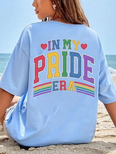 BOMYTAO Pride Rainbow Shirt for Women Love is Love and in My Pride Era Letter Print T-Shirt LGBT Equality Casual Tee