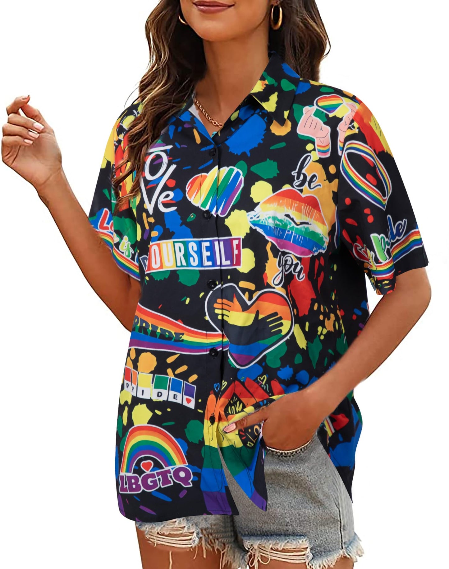 Pride Outfits for Women LGBT Shirts - Rainbow Graphic Tees Inspirational V Neck T-Shirt Short Sleeve Button up Tops