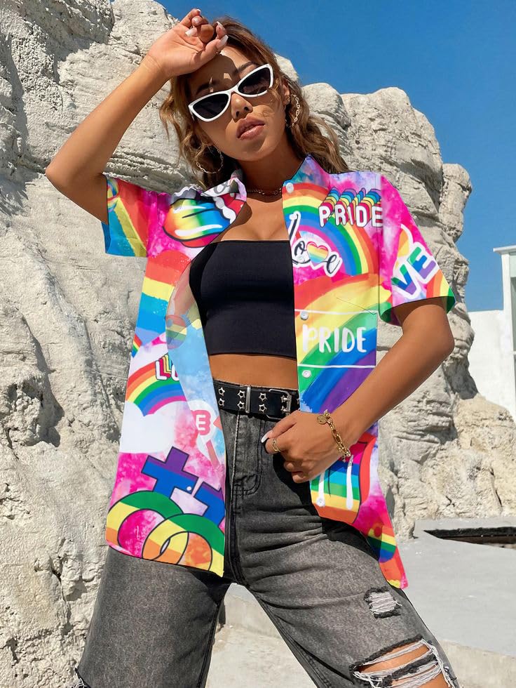Pride Outfits for Women LGBT Shirts - Rainbow Graphic Tees Inspirational V Neck T-Shirt Short Sleeve Button up Tops