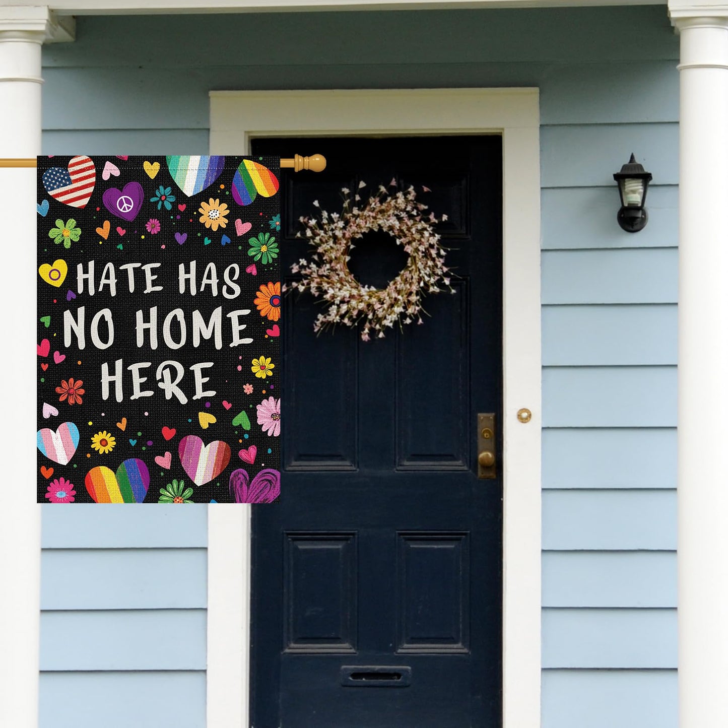 Louise Maelys Rainbow Pride Month Garden Flag Hate Has No Home Here 12x18 Inch Double Sided Small Burlap Floral Gay Lesbian LGBTQ Yard Outdoor Sign Outside Home House Decor