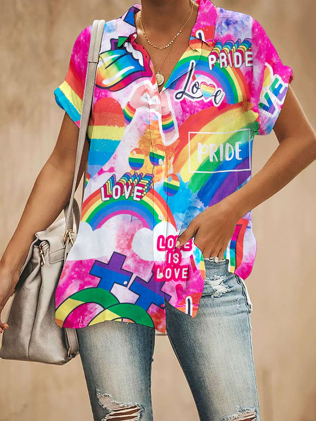Pride Outfits for Women LGBT Shirts - Rainbow Graphic Tees Inspirational V Neck T-Shirt Short Sleeve Button up Tops