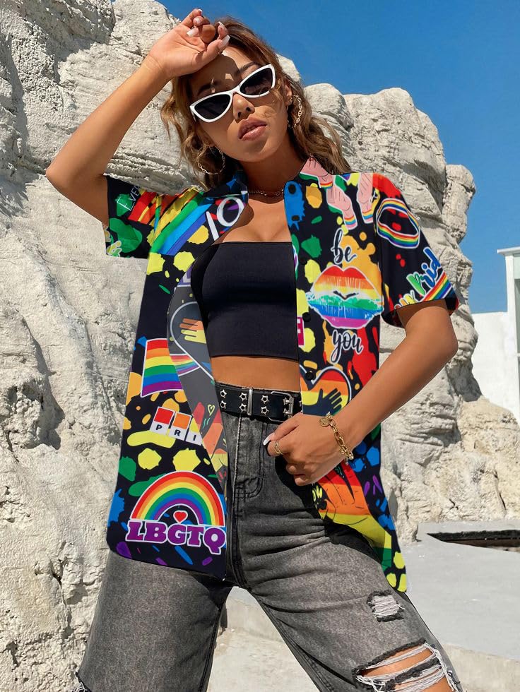 Pride Outfits for Women LGBT Shirts - Rainbow Graphic Tees Inspirational V Neck T-Shirt Short Sleeve Button up Tops