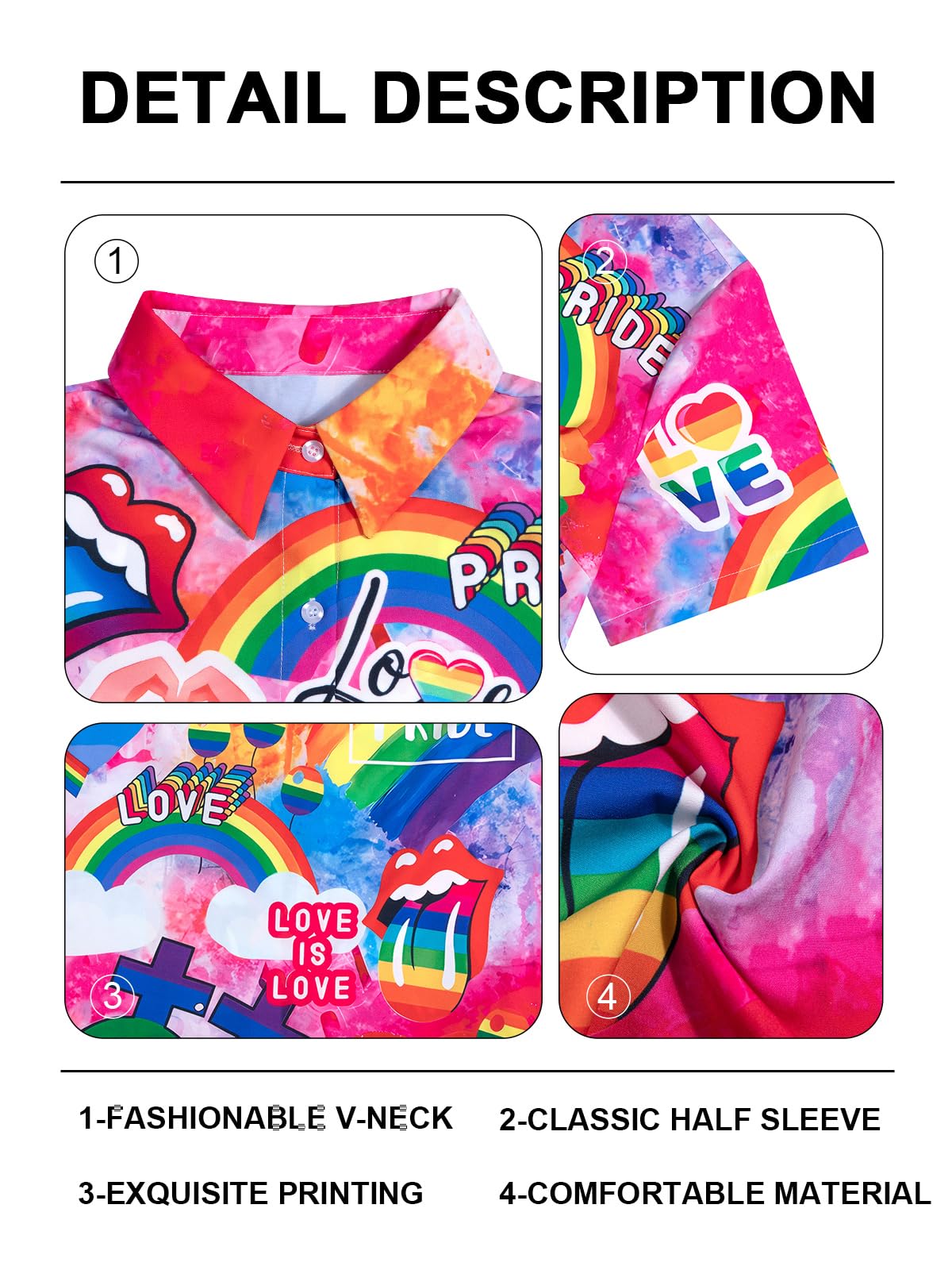 Pride Outfits for Women LGBT Shirts - Rainbow Graphic Tees Inspirational V Neck T-Shirt Short Sleeve Button up Tops
