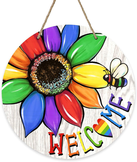 Pride Rainbow Sunflower Welcome Front Door Sign, Flower Bee LGBTQ Gay Lesbian Wood Door Hanger Outdoor Decor, Floral LGBT Bisexual Pansexual Wooden Wreath Indoor Wall Hanging Decoration