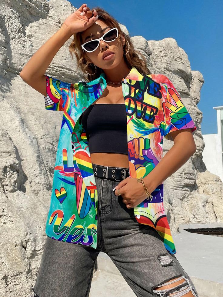 Pride Outfits for Women LGBT Shirts - Rainbow Graphic Tees Inspirational V Neck T-Shirt Short Sleeve Button up Tops
