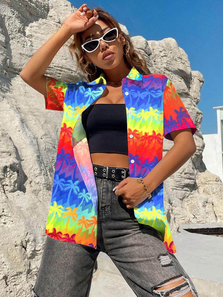 Pride Outfits for Women LGBT Shirts - Rainbow Graphic Tees Inspirational V Neck T-Shirt Short Sleeve Button up Tops
