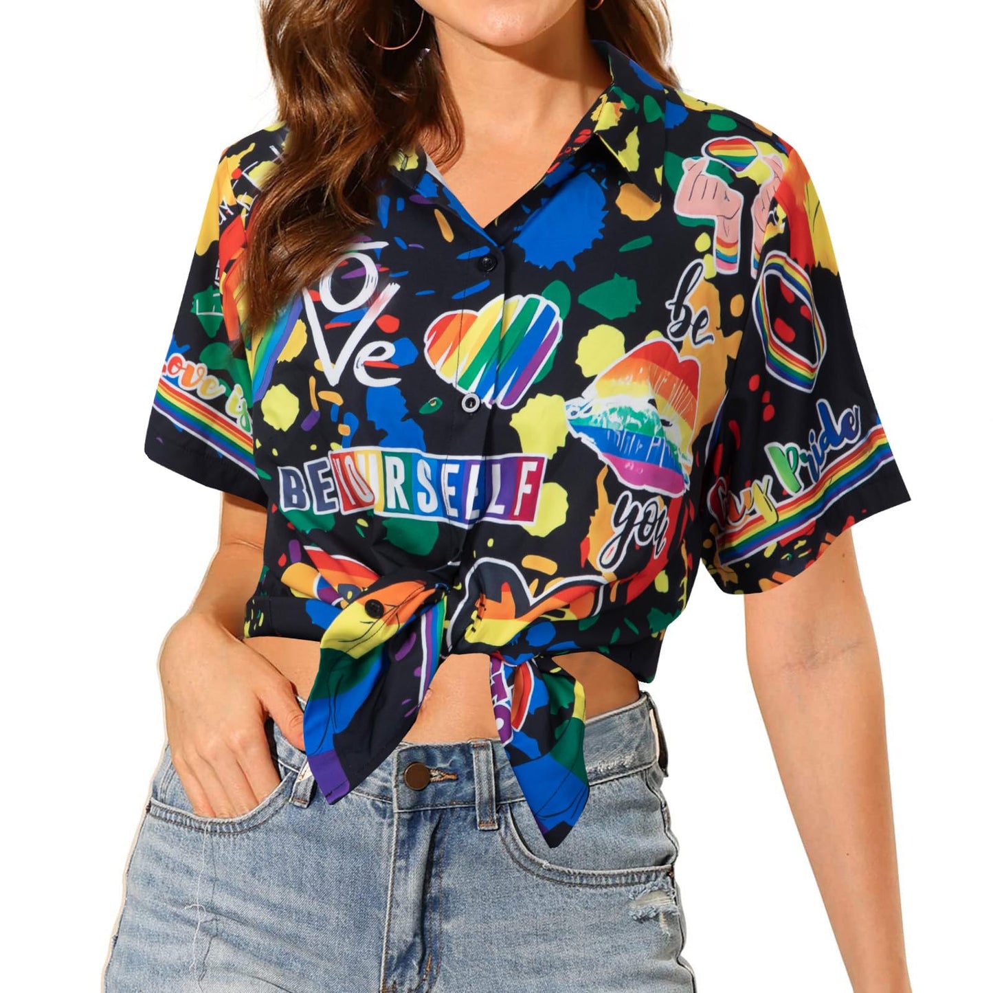 Pride Outfits for Women LGBT Shirts - Rainbow Graphic Tees Inspirational V Neck T-Shirt Short Sleeve Button up Tops
