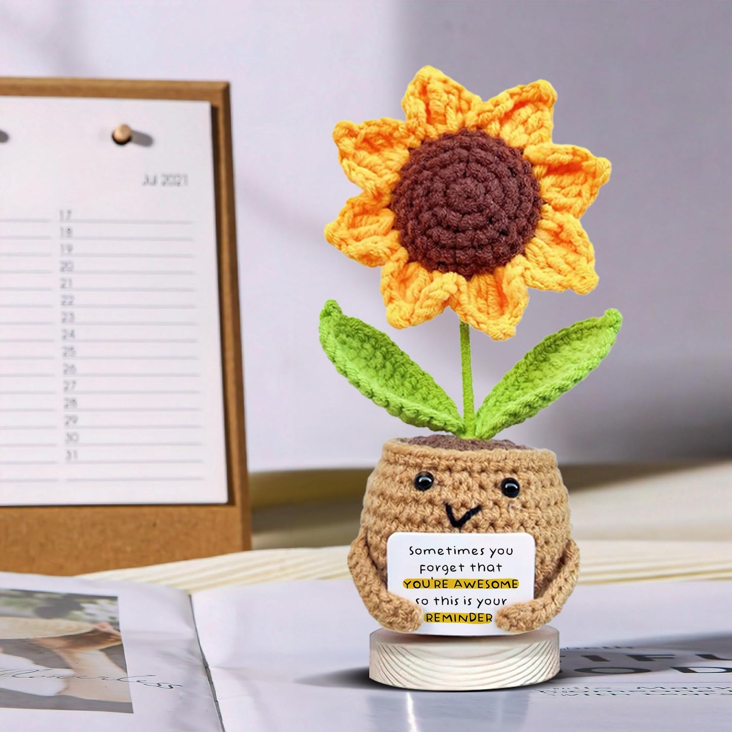 Gossby Positive Sunflower Doll Crochet with Card - This is A Little Reminder - Appreciation Gift for Coworker, Best Friend, Teacher, Sister, Mom - Christmas, Birthday, Thank You Gift for Women, Men