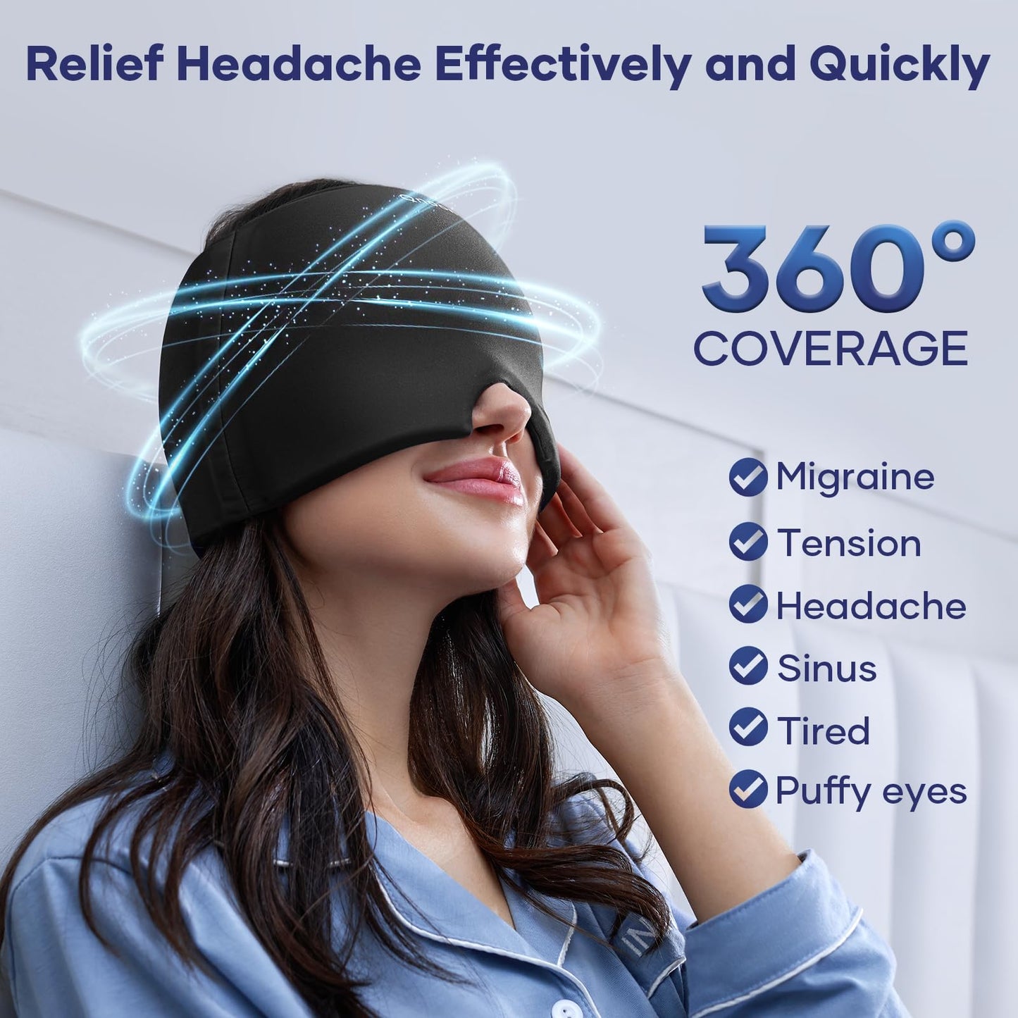 Migraine Relief Cap, Headache Relieve Cap Mask Products, Cooling Odorless Gel Ice Head Wrap for Tension, Stress,Hangover & Puffy Eyes