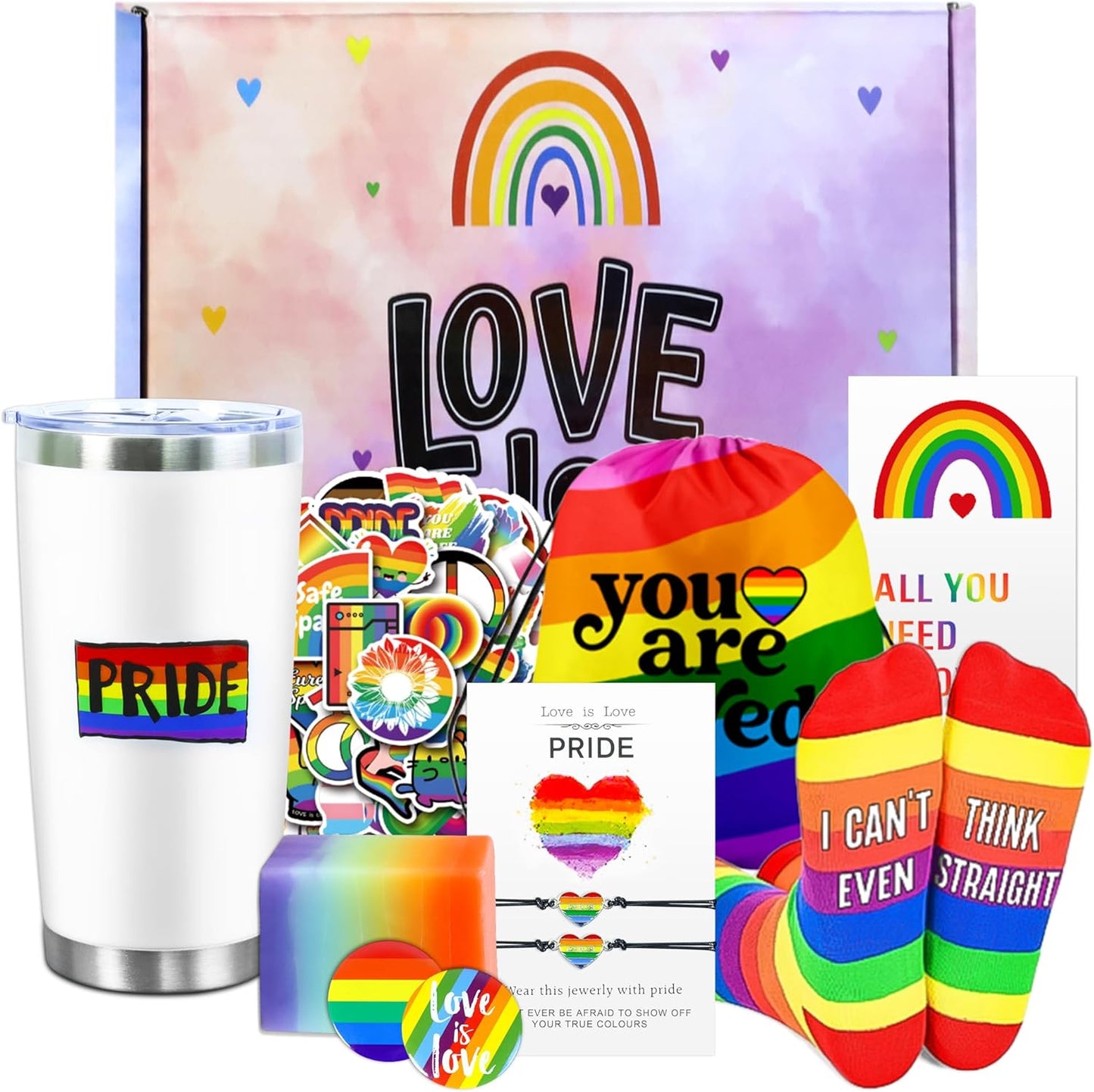 Pride Month Gift Set - Gay Pride Stuff LGBTQ Accessories for Lesbian Gay Bisexual Transgender Queer Friend on Birthday Christmas Anniversary Pride Month, Novelty Socks Stickers Tumbler Pride Gifts