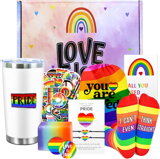 Pride Month Gift Set - Gay Pride Stuff LGBTQ Accessories for Lesbian Gay Bisexual Transgender Queer Friend on Birthday Christmas Anniversary Pride Month, Novelty Socks Stickers Tumbler Pride Gifts