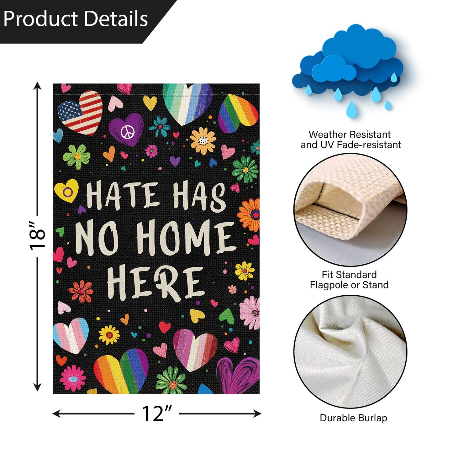 Louise Maelys Rainbow Pride Month Garden Flag Hate Has No Home Here 12x18 Inch Double Sided Small Burlap Floral Gay Lesbian LGBTQ Yard Outdoor Sign Outside Home House Decor