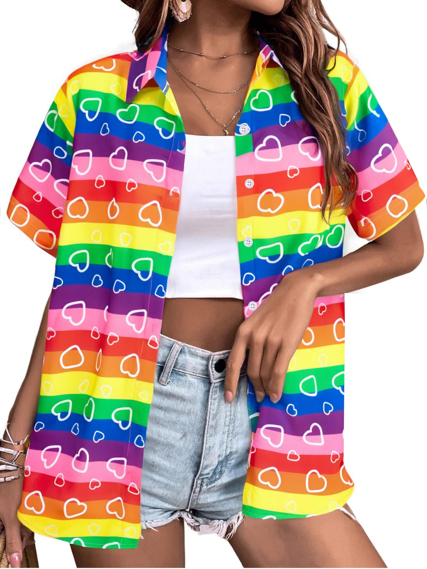 Pride Outfits for Women LGBT Shirts - Rainbow Graphic Tees Inspirational V Neck T-Shirt Short Sleeve Button up Tops