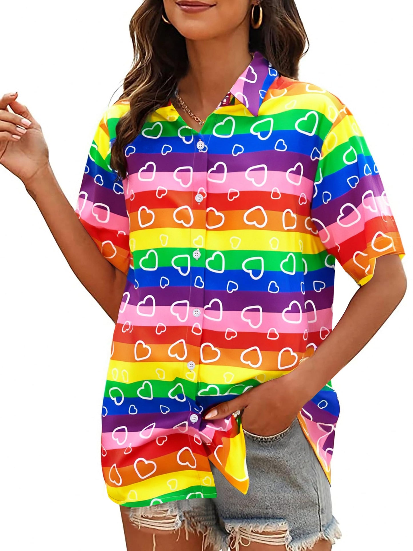 Pride Outfits for Women LGBT Shirts - Rainbow Graphic Tees Inspirational V Neck T-Shirt Short Sleeve Button up Tops