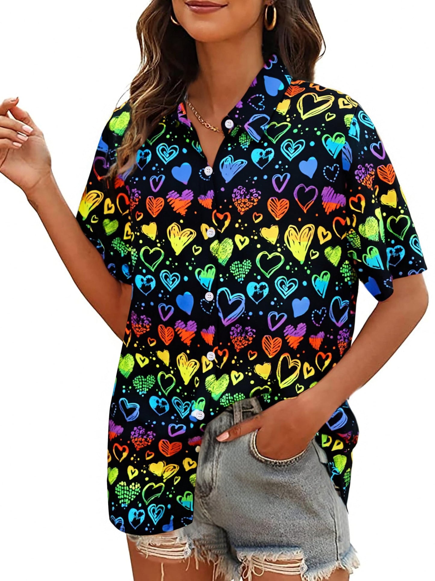 Pride Outfits for Women LGBT Shirts - Rainbow Graphic Tees Inspirational V Neck T-Shirt Short Sleeve Button up Tops