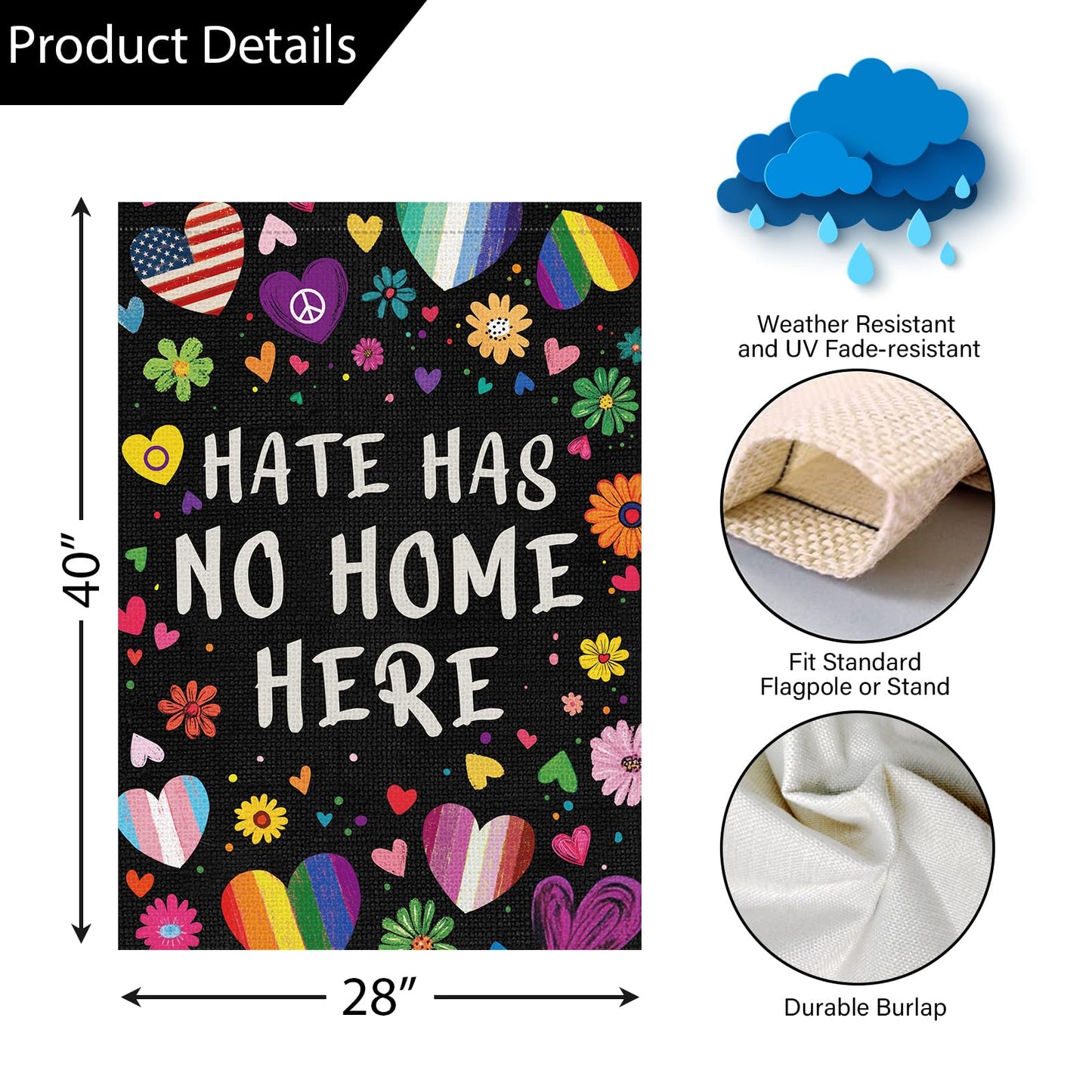 Louise Maelys Rainbow Pride Month Garden Flag Hate Has No Home Here 12x18 Inch Double Sided Small Burlap Floral Gay Lesbian LGBTQ Yard Outdoor Sign Outside Home House Decor