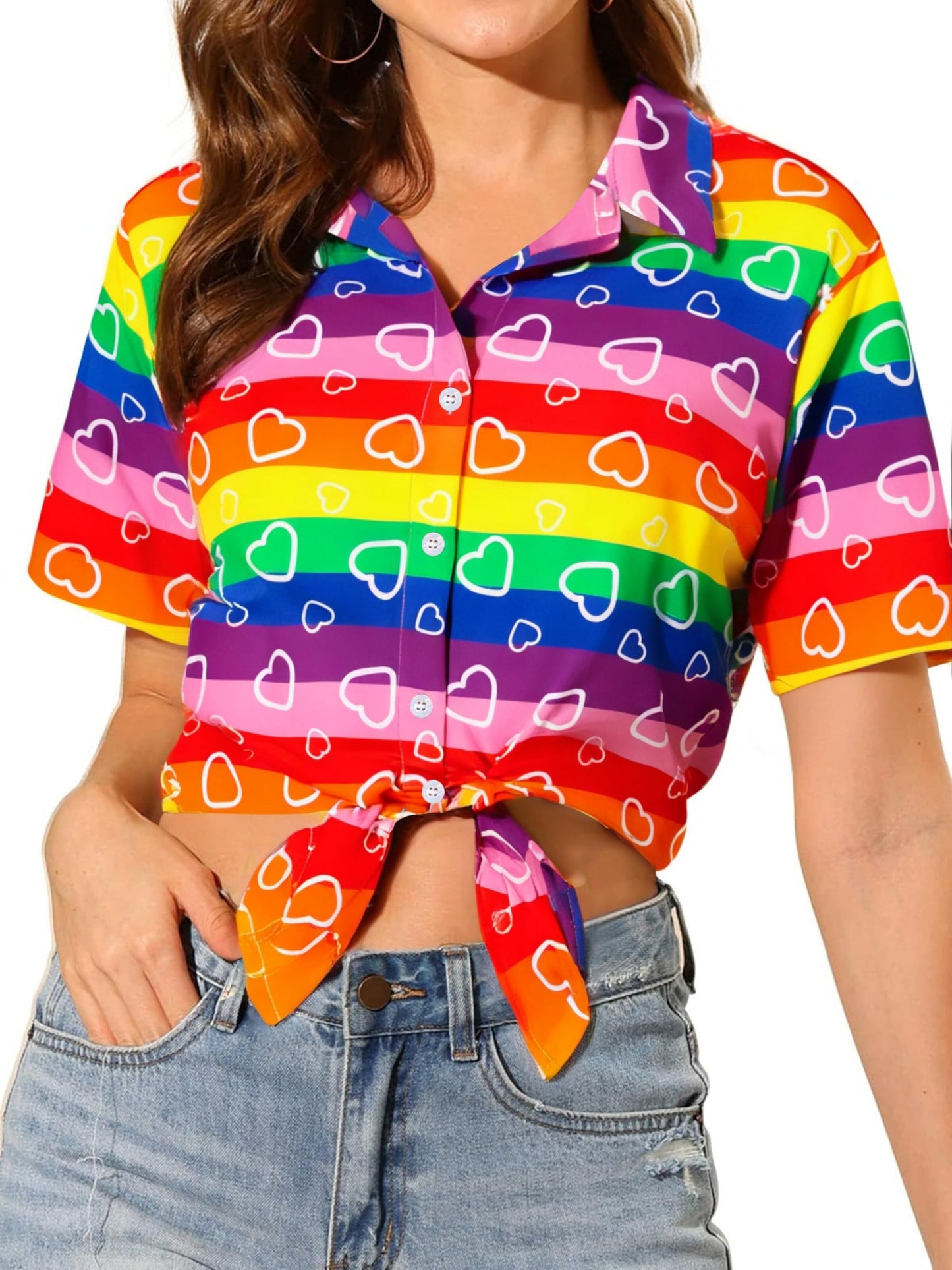 Pride Outfits for Women LGBT Shirts - Rainbow Graphic Tees Inspirational V Neck T-Shirt Short Sleeve Button up Tops