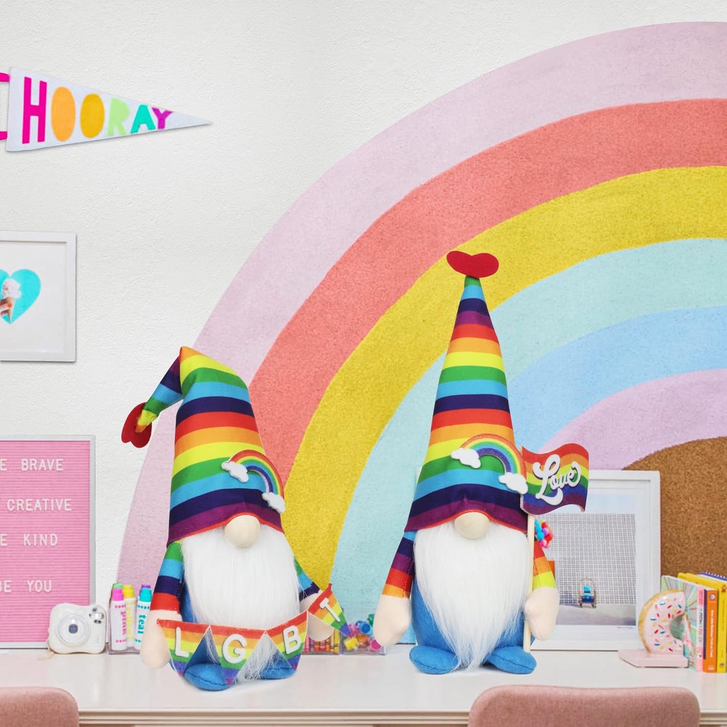 Pride Gnome Decorations - 2PCS Pride Rainbow Gnomes Plush Holding Love Flag LGBT Sign for Home Table Tiered Tray Party Decor Supplies Gifts