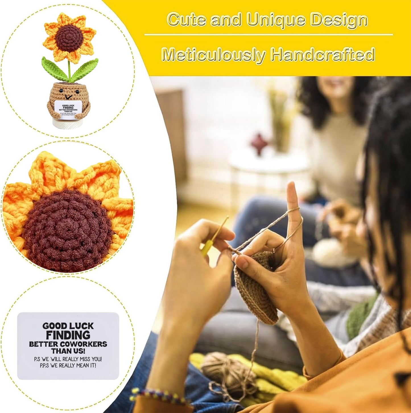 Gossby Positive Sunflower Doll Crochet with Card - This is A Little Reminder - Appreciation Gift for Coworker, Best Friend, Teacher, Sister, Mom - Christmas, Birthday, Thank You Gift for Women, Men