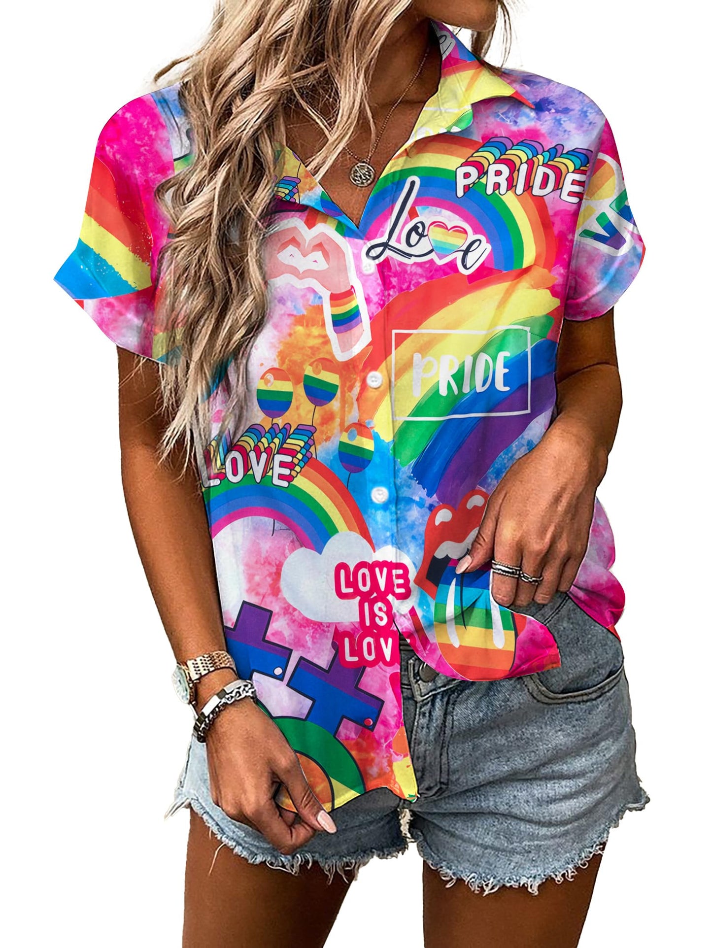 Pride Outfits for Women LGBT Shirts - Rainbow Graphic Tees Inspirational V Neck T-Shirt Short Sleeve Button up Tops