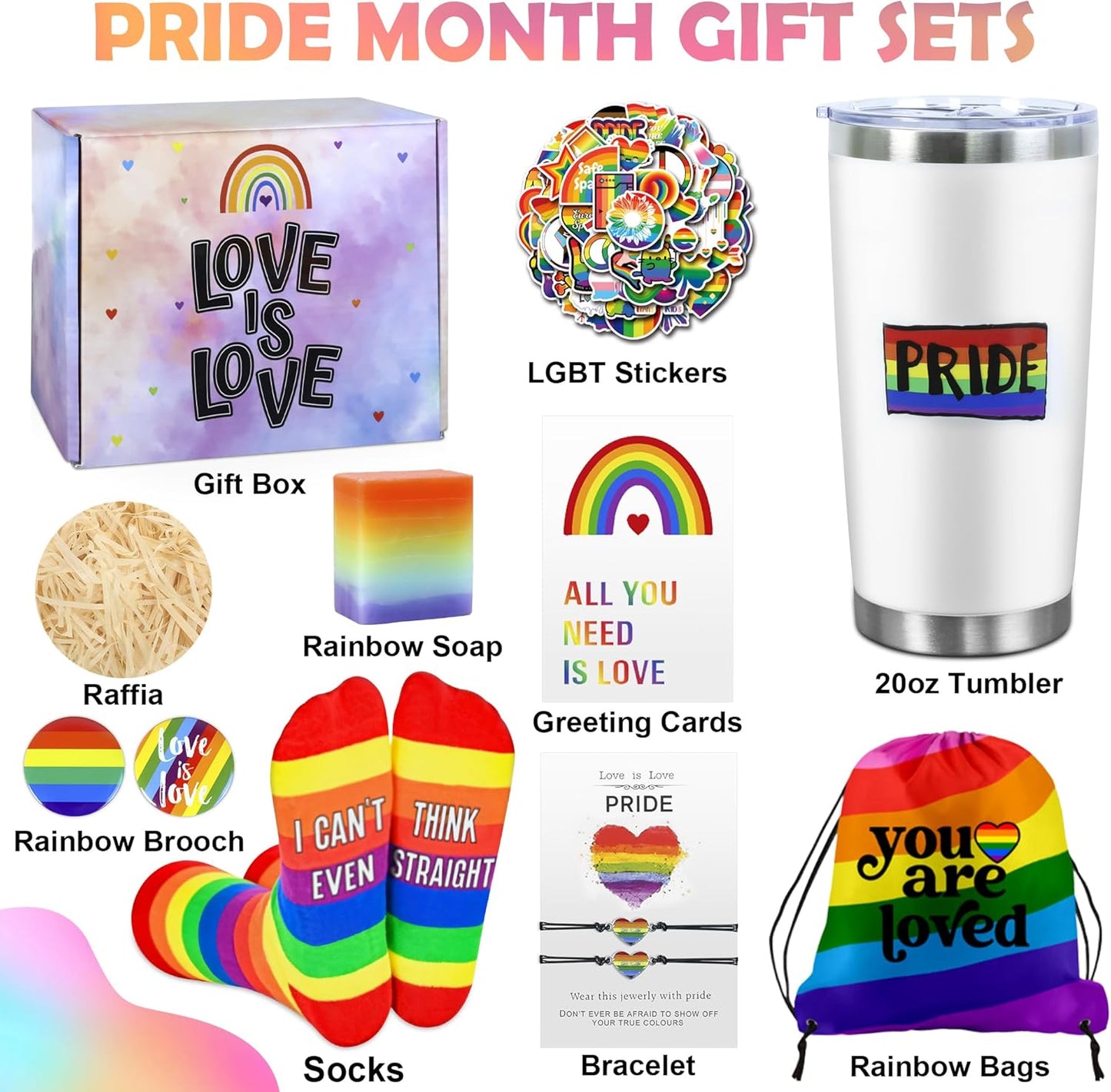 Pride Month Gift Set - Gay Pride Stuff LGBTQ Accessories for Lesbian Gay Bisexual Transgender Queer Friend on Birthday Christmas Anniversary Pride Month, Novelty Socks Stickers Tumbler Pride Gifts