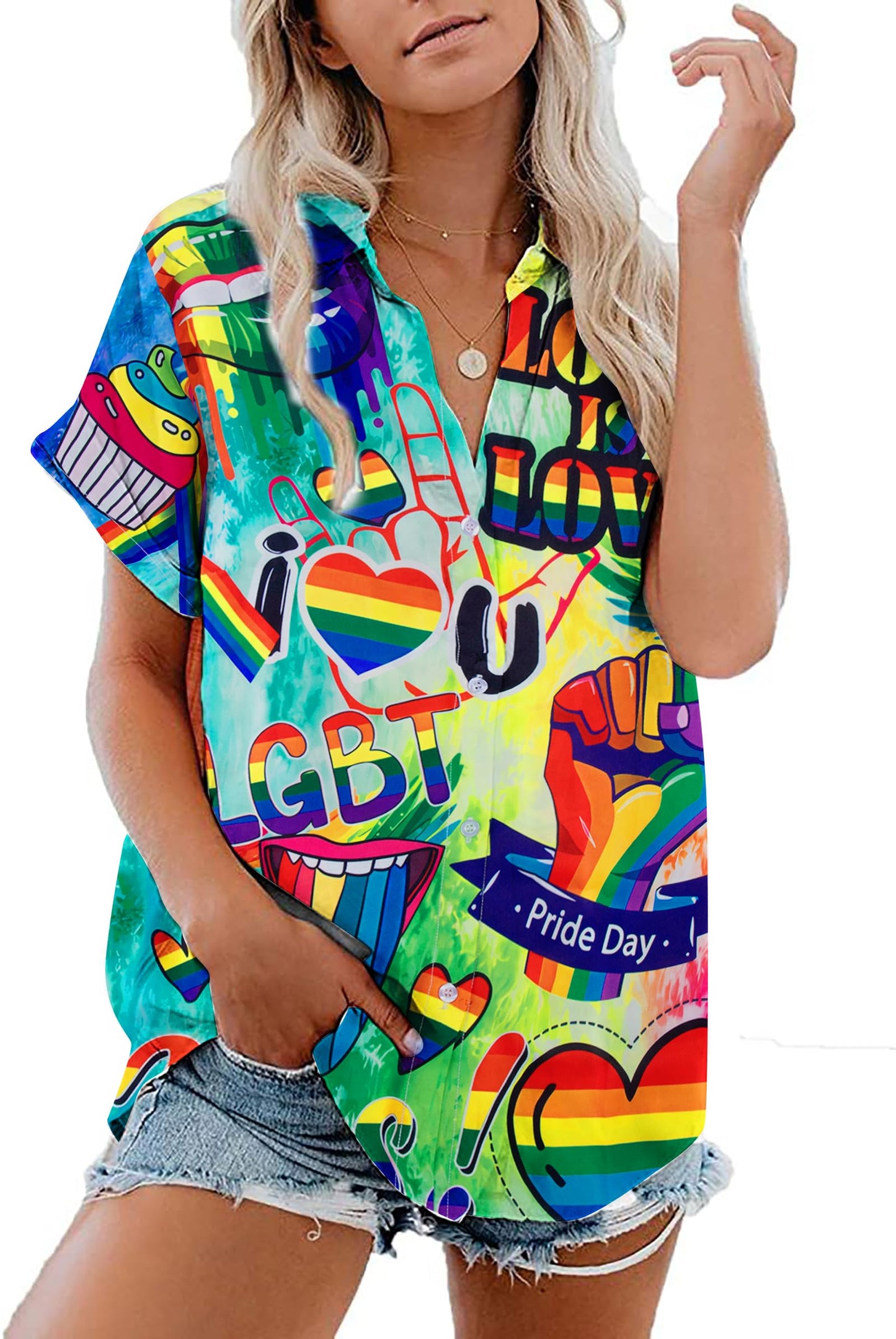 Pride Outfits for Women LGBT Shirts - Rainbow Graphic Tees Inspirational V Neck T-Shirt Short Sleeve Button up Tops