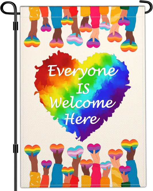 Everyone Is Welcome Here Garden Flag Gay Pride Garden Flags for Outside 12x18 Double Side LGBTQ Equality Diversity Trans Rights Garden Flag Outdoor House Yard Sign Decorations