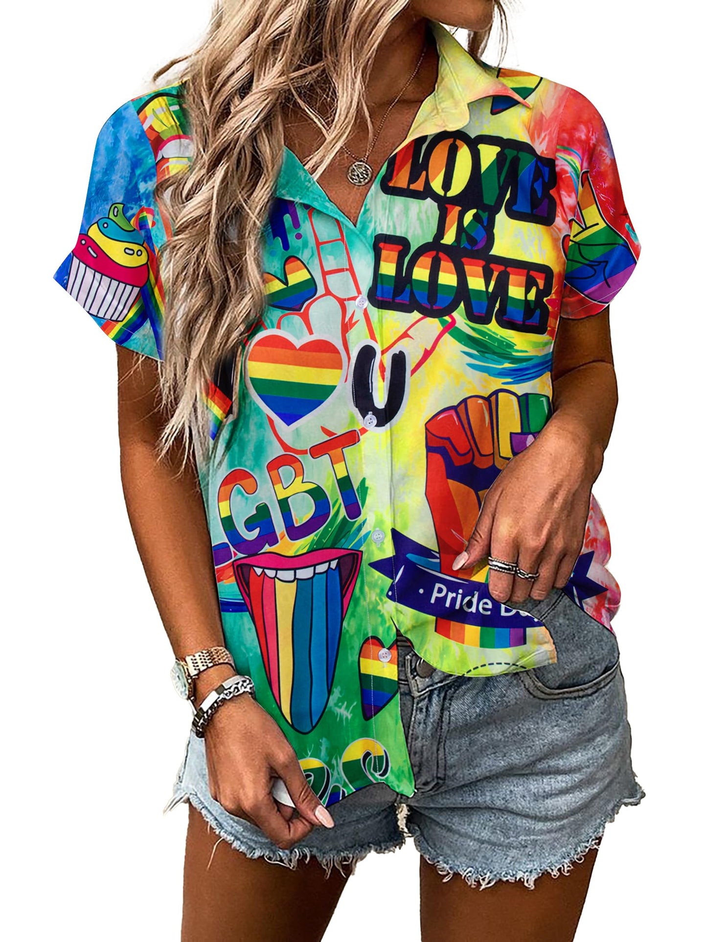 Pride Outfits for Women LGBT Shirts - Rainbow Graphic Tees Inspirational V Neck T-Shirt Short Sleeve Button up Tops