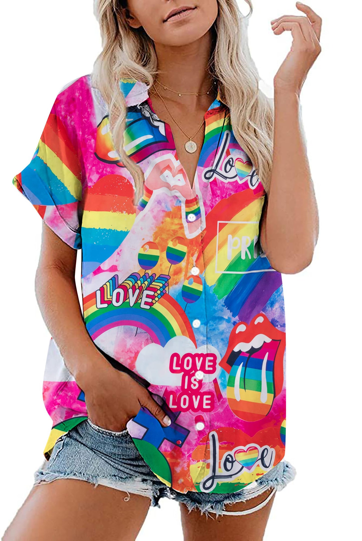 Pride Outfits for Women LGBT Shirts - Rainbow Graphic Tees Inspirational V Neck T-Shirt Short Sleeve Button up Tops