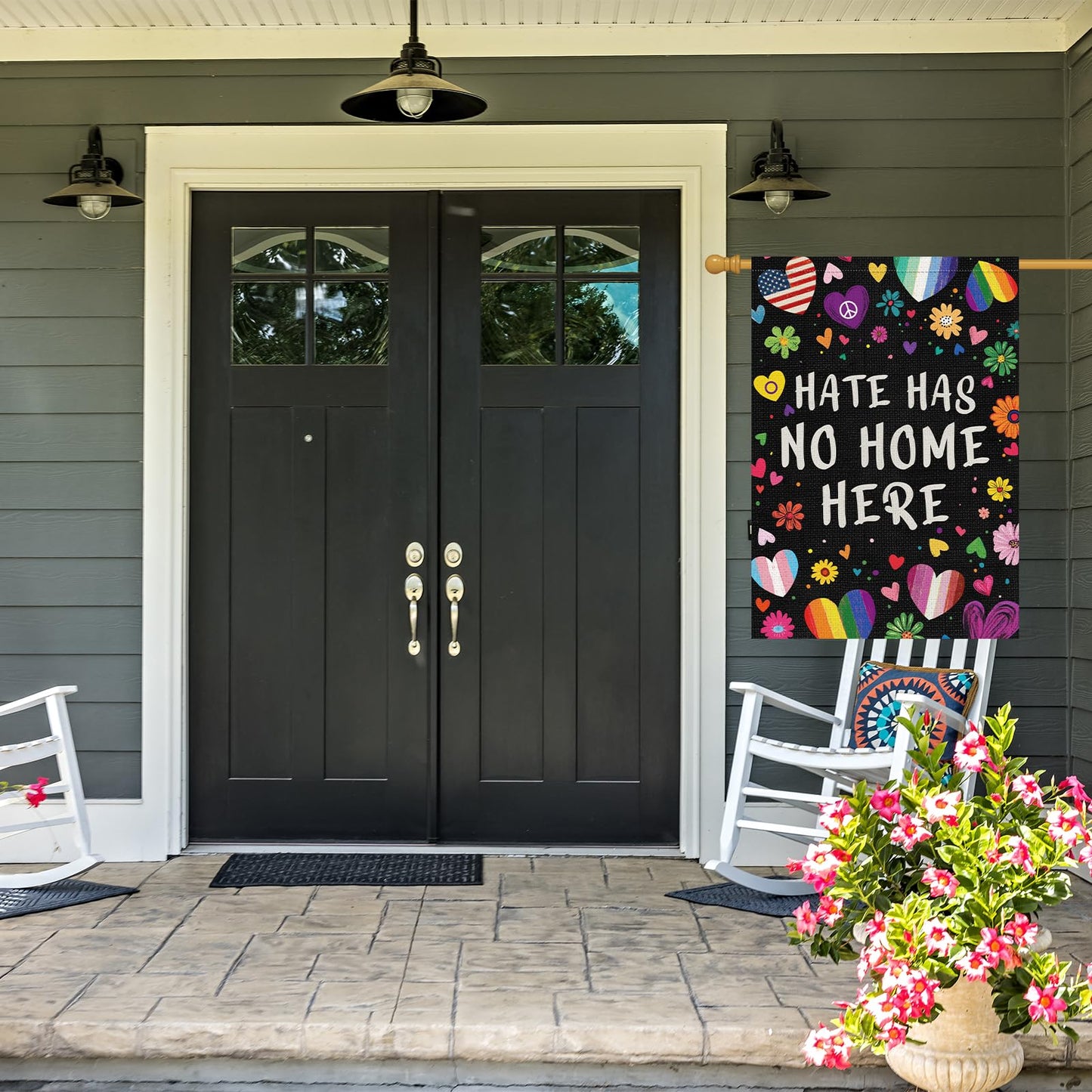 Louise Maelys Rainbow Pride Month Garden Flag Hate Has No Home Here 12x18 Inch Double Sided Small Burlap Floral Gay Lesbian LGBTQ Yard Outdoor Sign Outside Home House Decor