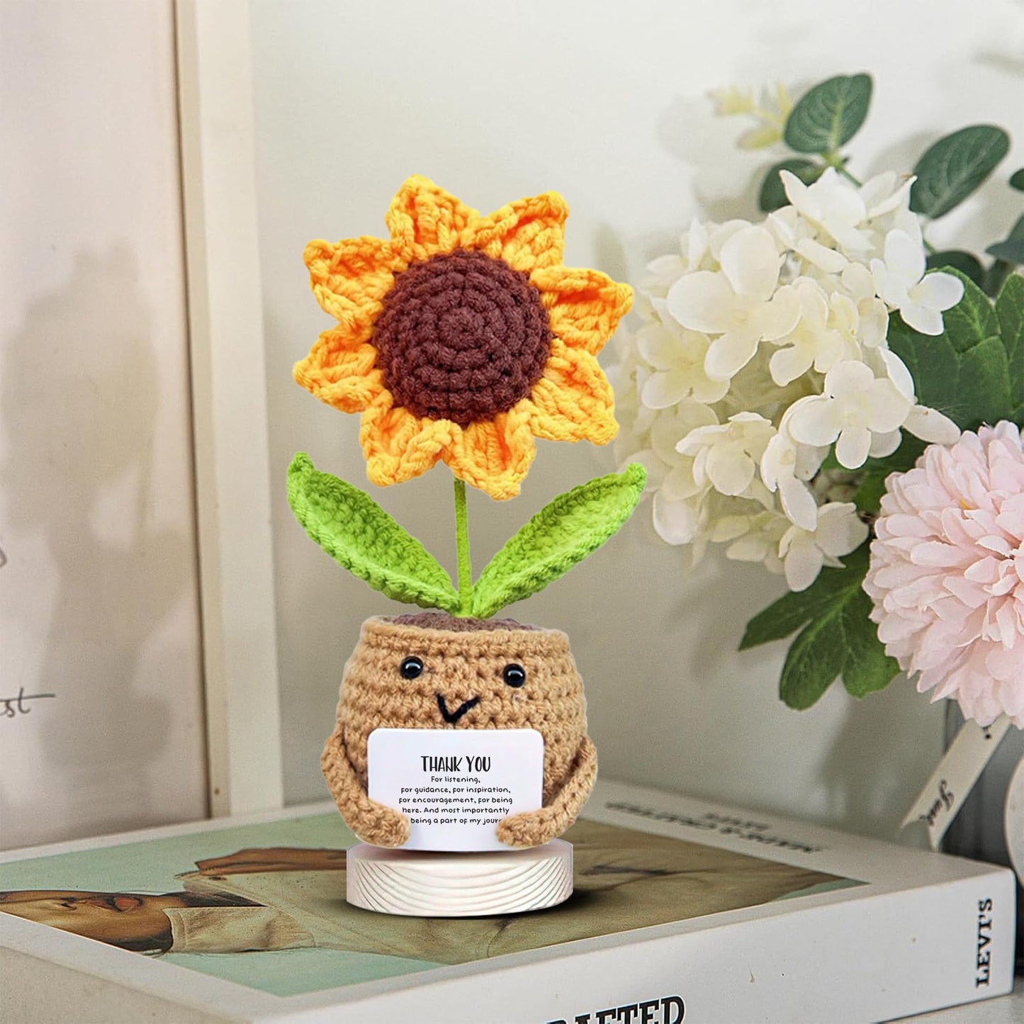 Gossby Positive Sunflower Doll Crochet with Card - This is A Little Reminder - Appreciation Gift for Coworker, Best Friend, Teacher, Sister, Mom - Christmas, Birthday, Thank You Gift for Women, Men