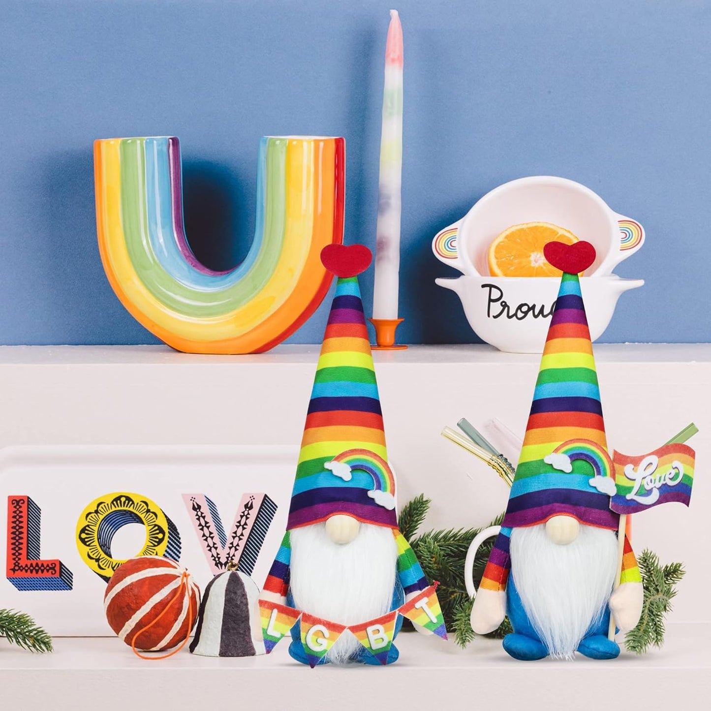 Pride Gnome Decorations - 2PCS Pride Rainbow Gnomes Plush Holding Love Flag LGBT Sign for Home Table Tiered Tray Party Decor Supplies Gifts