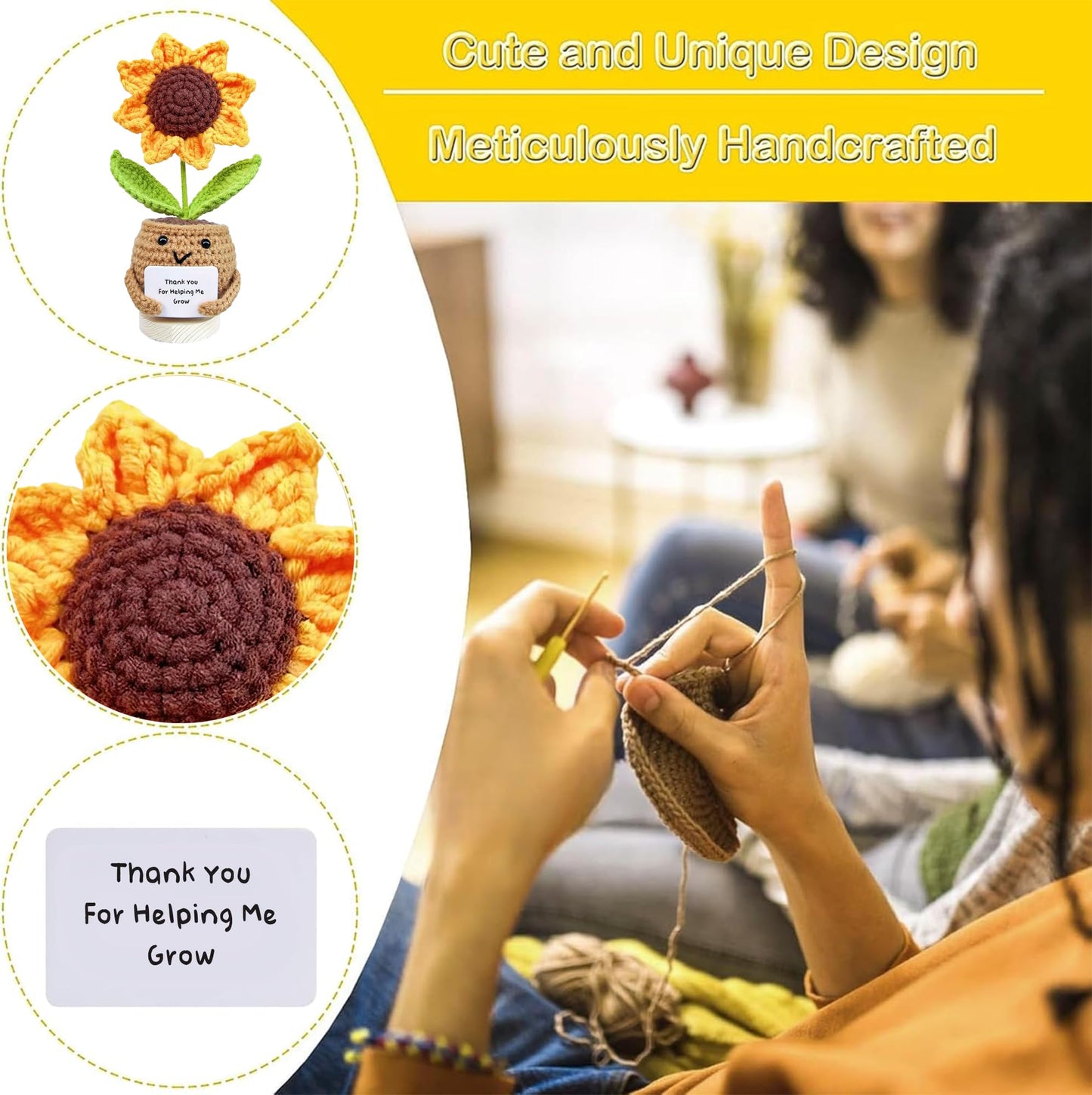 Gossby Positive Sunflower Doll Crochet with Card - This is A Little Reminder - Appreciation Gift for Coworker, Best Friend, Teacher, Sister, Mom - Christmas, Birthday, Thank You Gift for Women, Men