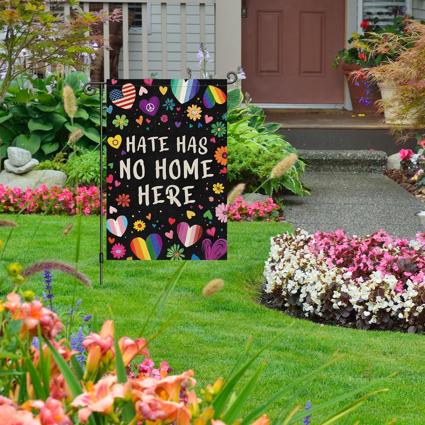 Louise Maelys Rainbow Pride Month Garden Flag Hate Has No Home Here 12x18 Inch Double Sided Small Burlap Floral Gay Lesbian LGBTQ Yard Outdoor Sign Outside Home House Decor