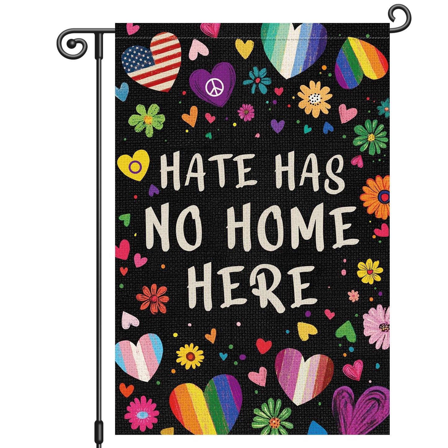 Louise Maelys Rainbow Pride Month Garden Flag Hate Has No Home Here 12x18 Inch Double Sided Small Burlap Floral Gay Lesbian LGBTQ Yard Outdoor Sign Outside Home House Decor