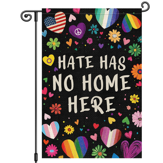 Louise Maelys Rainbow Pride Month Garden Flag Hate Has No Home Here 12x18 Inch Double Sided Small Burlap Floral Gay Lesbian LGBTQ Yard Outdoor Sign Outside Home House Decor