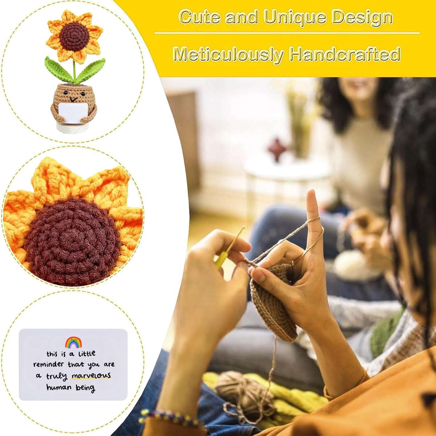 Gossby Positive Sunflower Doll Crochet with Card - This is A Little Reminder - Appreciation Gift for Coworker, Best Friend, Teacher, Sister, Mom - Christmas, Birthday, Thank You Gift for Women, Men