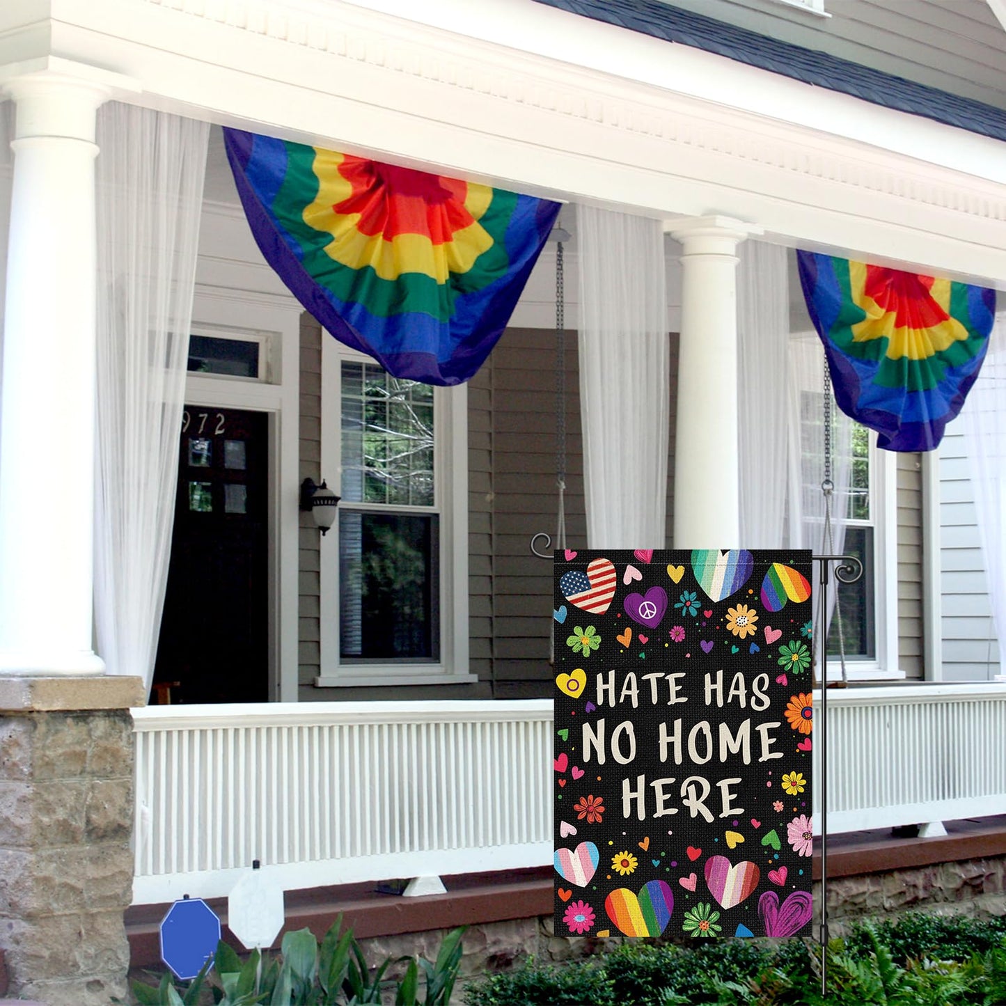 Louise Maelys Rainbow Pride Month Garden Flag Hate Has No Home Here 12x18 Inch Double Sided Small Burlap Floral Gay Lesbian LGBTQ Yard Outdoor Sign Outside Home House Decor